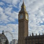 A view of Elizabeth Tower from the South Bank, with the London Eye rising behind it on a clear London day.