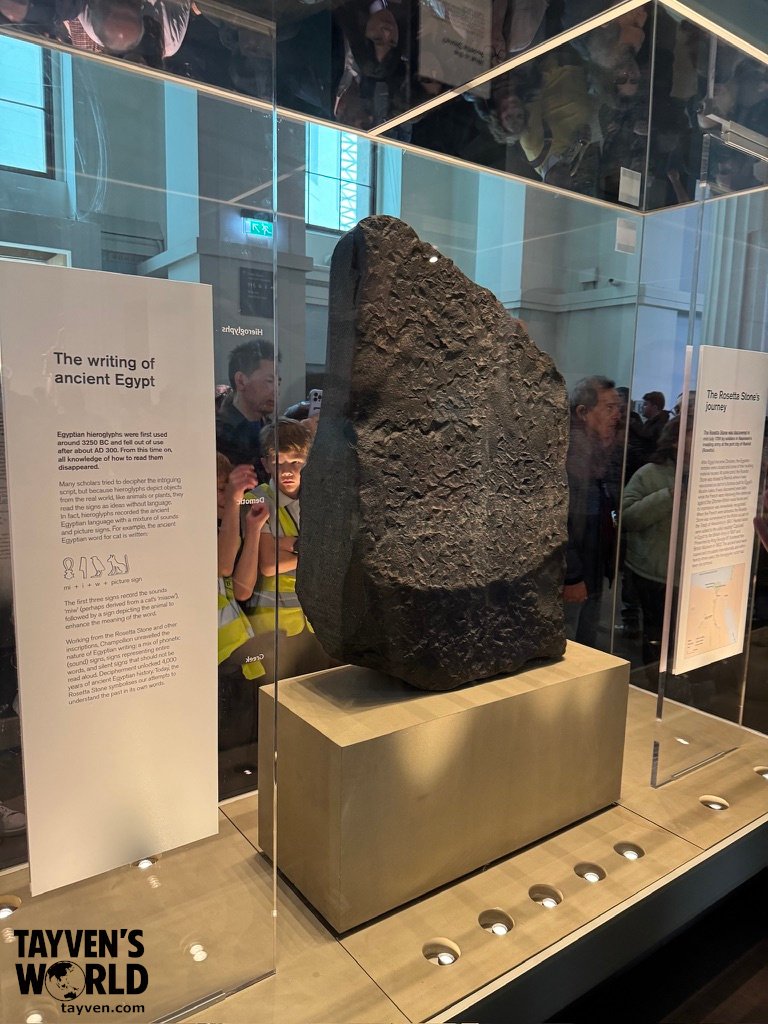 Rosetta Stone in the British Museum Full museum display of the Rosetta Stone inside a glass case with visitors viewing the exhibit.