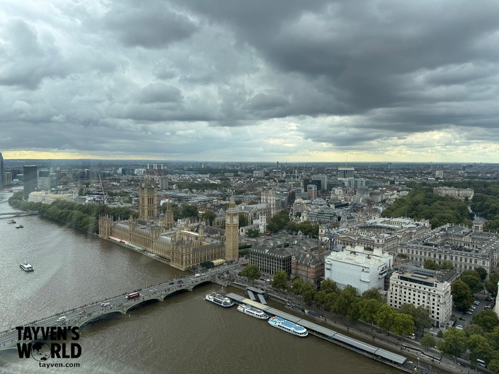 Aerial view of Big Ben, Westminster Bridge, and the Thames beneath a dramatic cloudy sky.