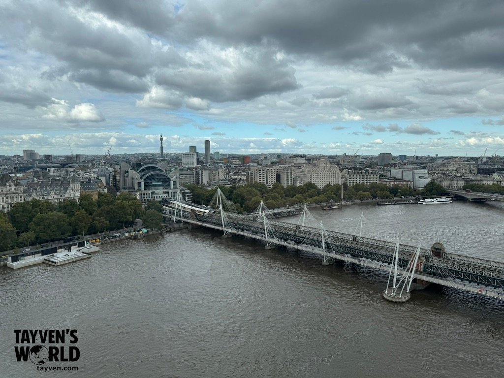 Panoramic view of the Thames with Hungerford Bridge and the Golden Jubilee Bridges, with London’s skyline in the background.