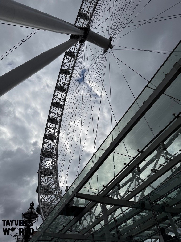 Upward view of the London Eye showing its steel beams, cables, and capsules against an overcast sky.