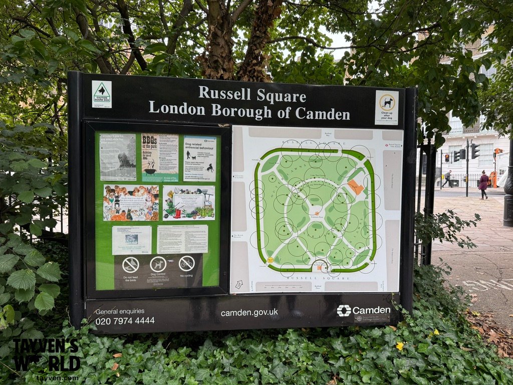 Russell Square Information Board Russell Square information board surrounded by trees in Bloomsbury, London.