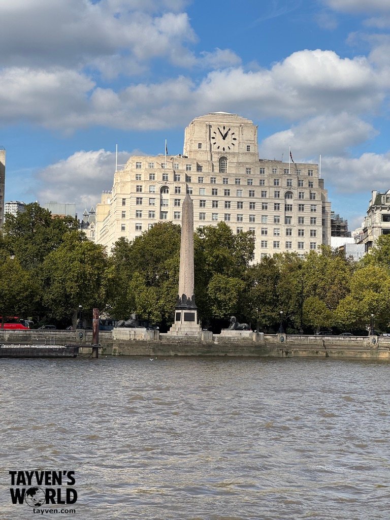 Cleopatra’s Needle monument on the Thames embankment with Shell Mex House in the background.