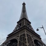 Low‑angle view of the Eiffel Tower showing its iron lattice structure against an overcast sky.