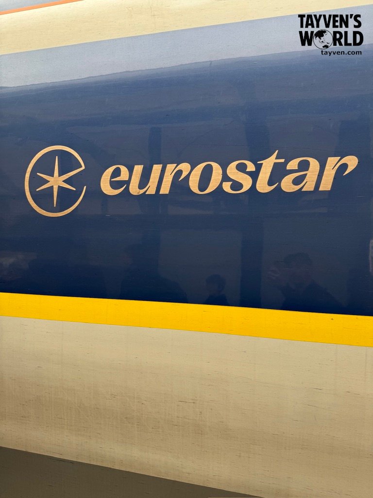 Close‑up of Eurostar logo and branding on the side of the train at St Pancras International.