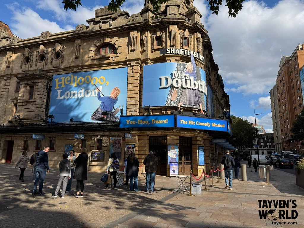 Exterior of Shaftesbury Theatre with posters for Mrs Doubtfire musical.