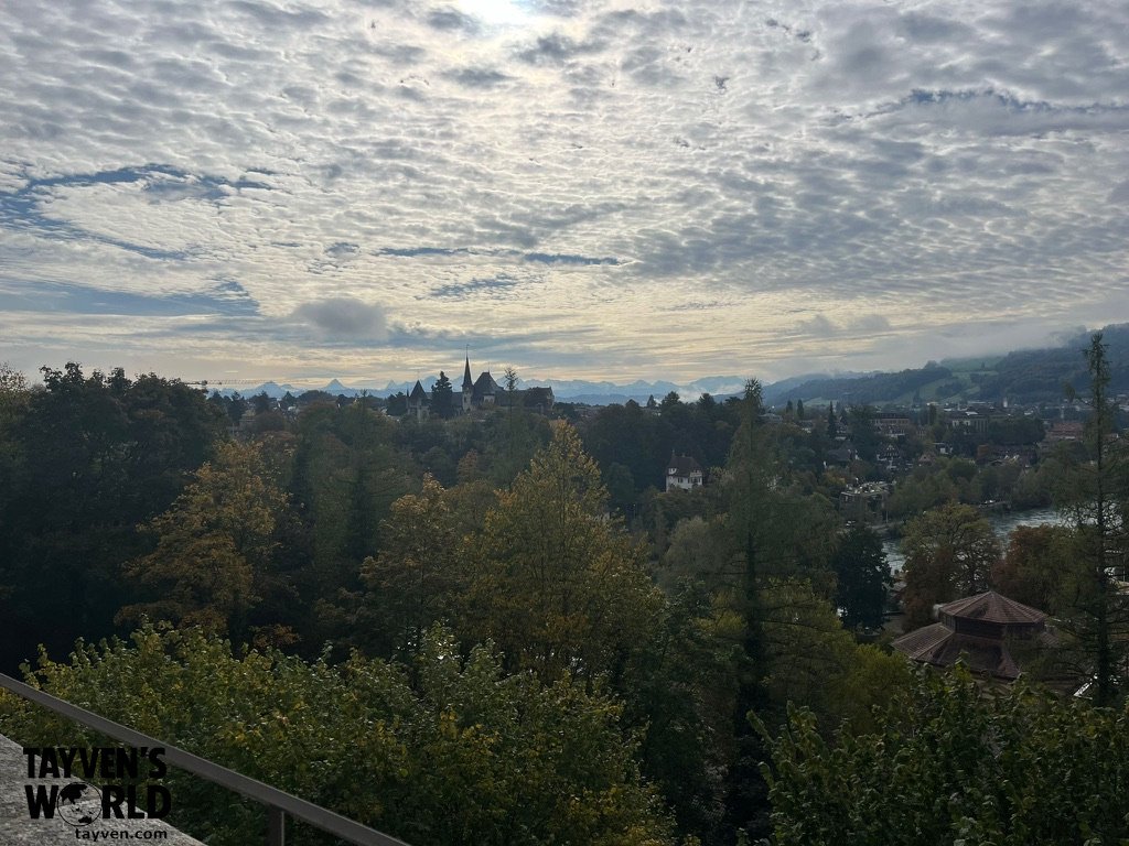 Elevated view of Bern’s rooftops and distant Alps under a textured sky.