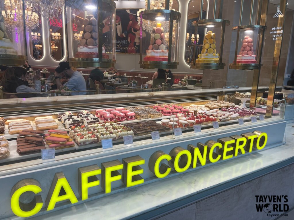 Colorful pastry and dessert display at Caffe Concerto in Paris.