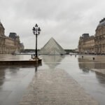 Louvre courtyard with glass pyramid and wet cobblestones on a rainy day.