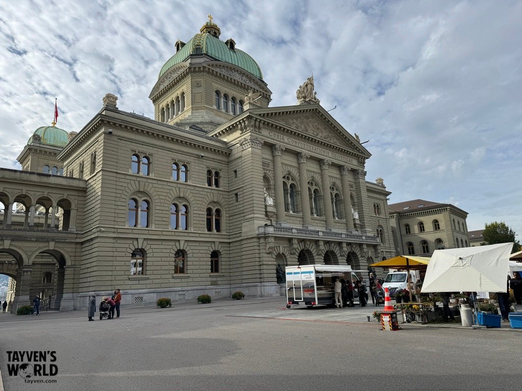 Federal Palace of Switzerland with market stalls in front