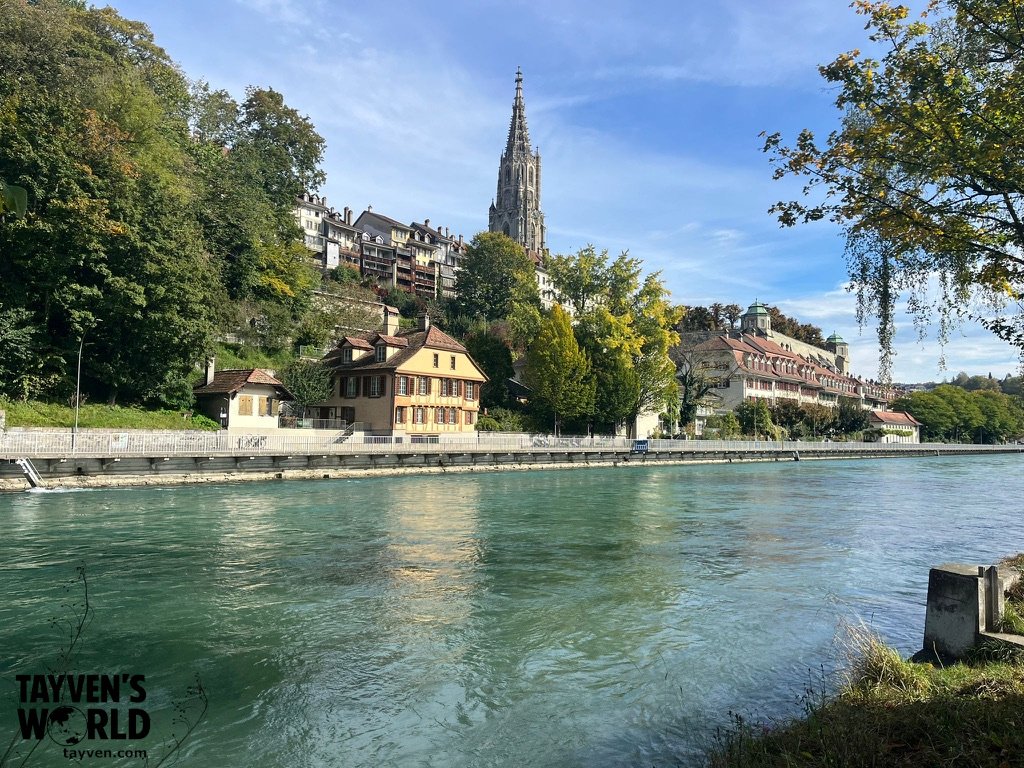 View of Bern cathedral and old town from across the Aare River