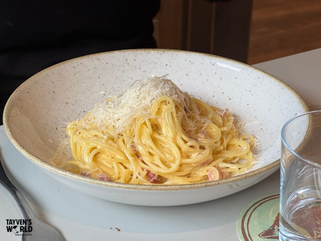 Plate of creamy spaghetti carbonara topped with grated cheese