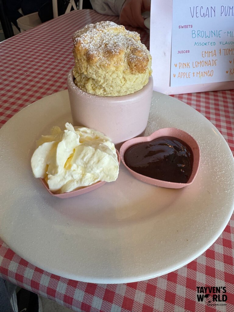 Freshly baked scone served with whipped cream and chocolate sauce on a pink plate at a Leura café.