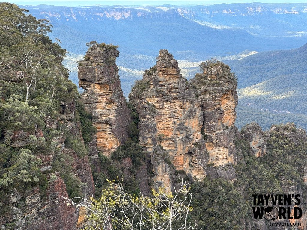 The Three Sisters rock formation rising above forested valley in the Blue Mountains.