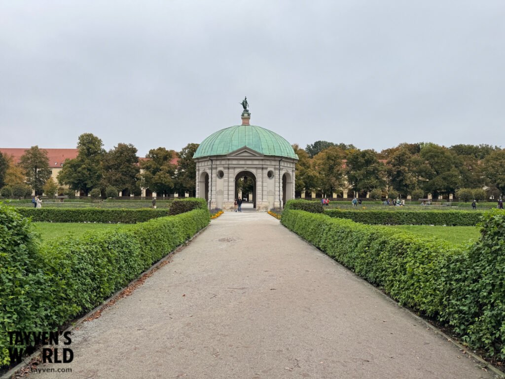 Diana Temple surrounded by formal gardens and hedges in Munich’s Hofgarten