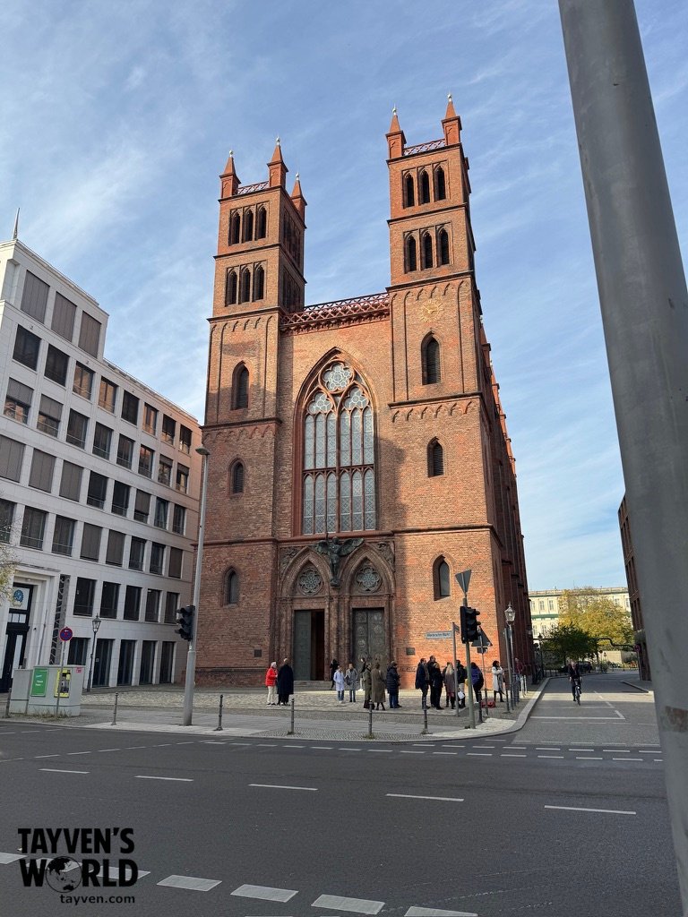 Red-brick Friedrichswerder Church with twin towers in central Berlin