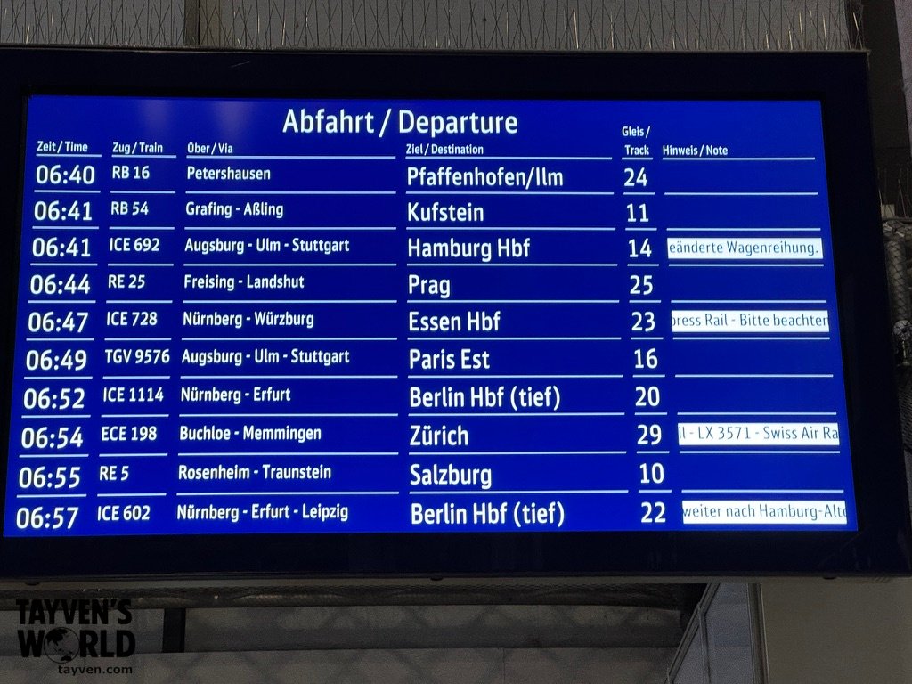 Munich Hauptbahnhof departure board showing early trains to Berlin and other European cities
