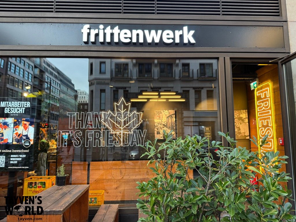Frittenwerk restaurant in Berlin featuring Thank God It's Friesday signage