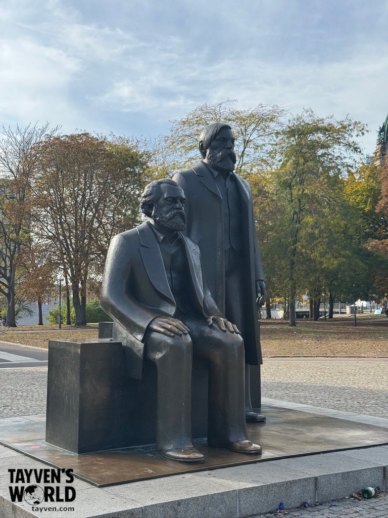 Bronze statues of Karl Marx and Friedrich Engels at the Marx-Engels-Forum in Berlin