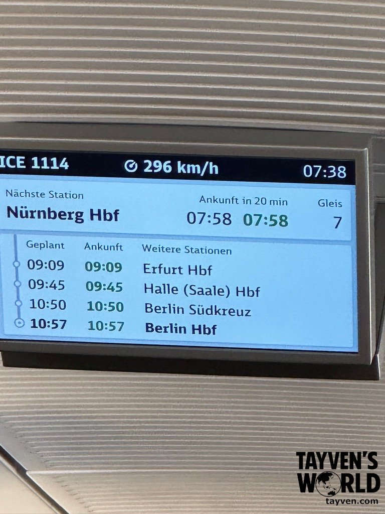 ICE train display showing 296 kilometres per hour on the journey from Munich to Berlin